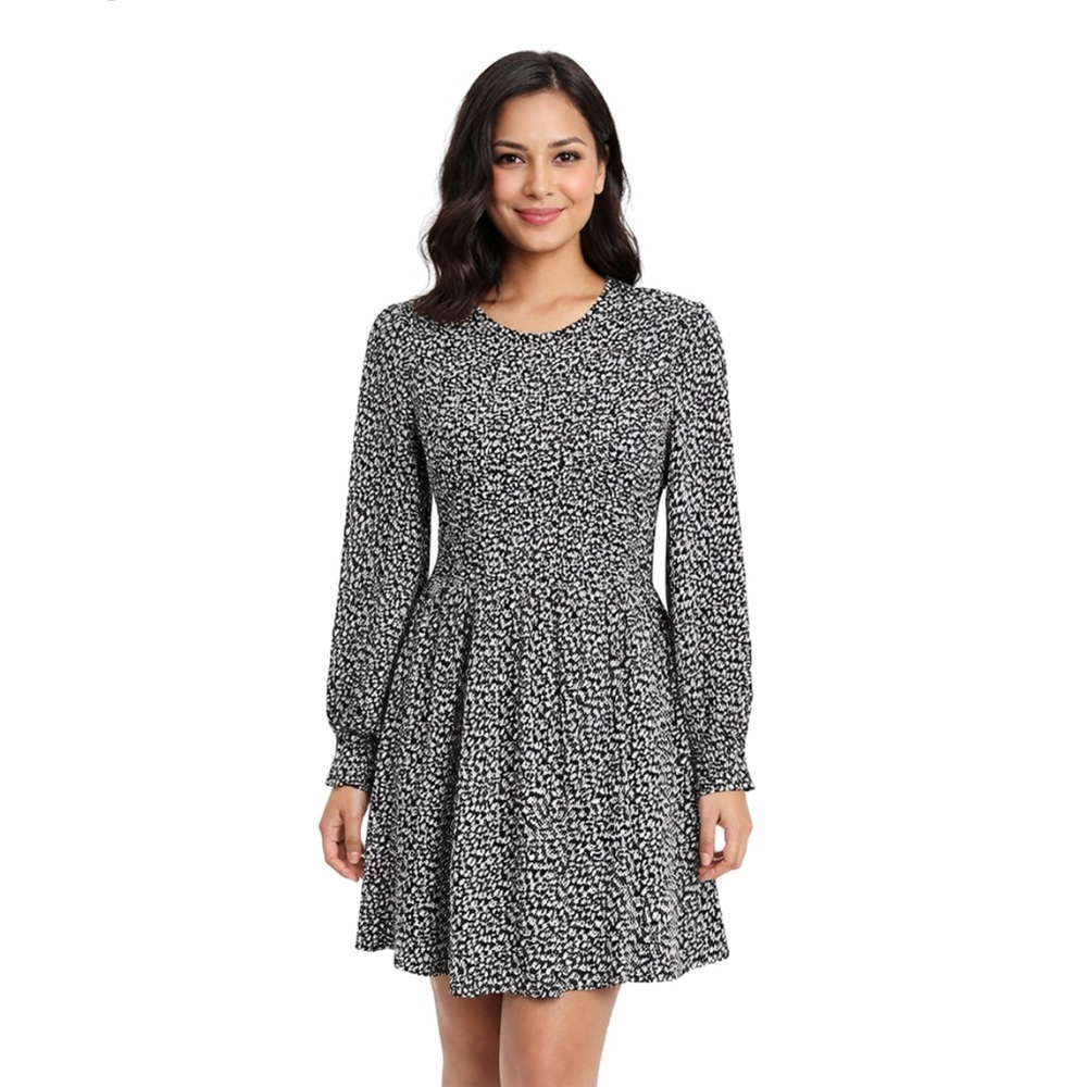 Black & White Printed Long Sleeve Fit-and-Flare Dress